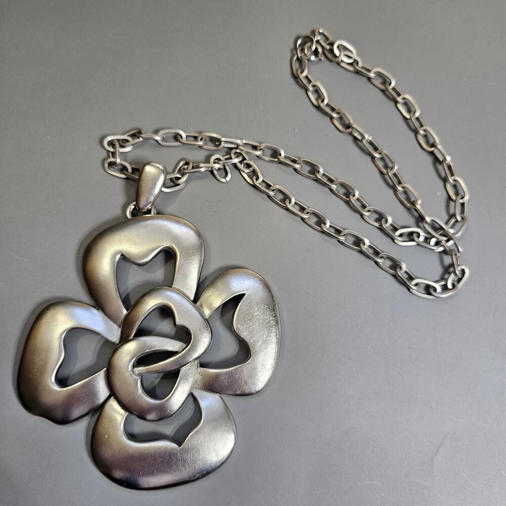 Crown Trifari Clover Heart Statement Necklace Lucky Shamrock Silvertone Vintage